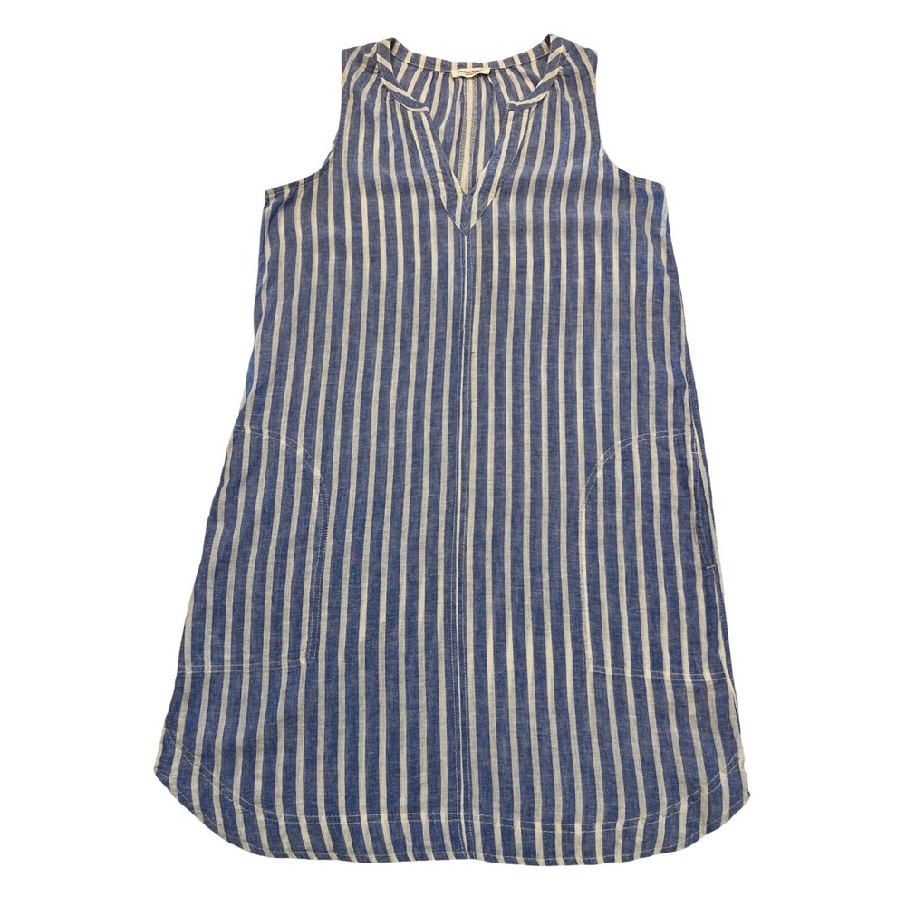 Beach Lunch Lounge Blue White Striped Linen Cotton Sleeveless Shift Dress M